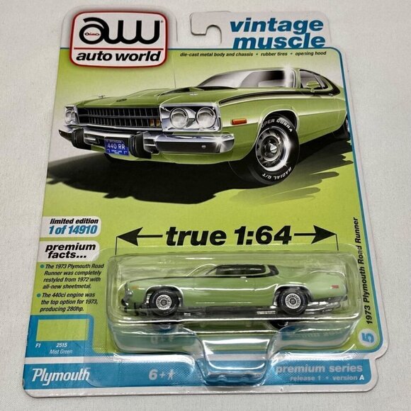 Auto World 1973 Plymouth Road Runner Vintage Muscle Mist Green Rel 1 Ver A NIP - Picture 15 of 15